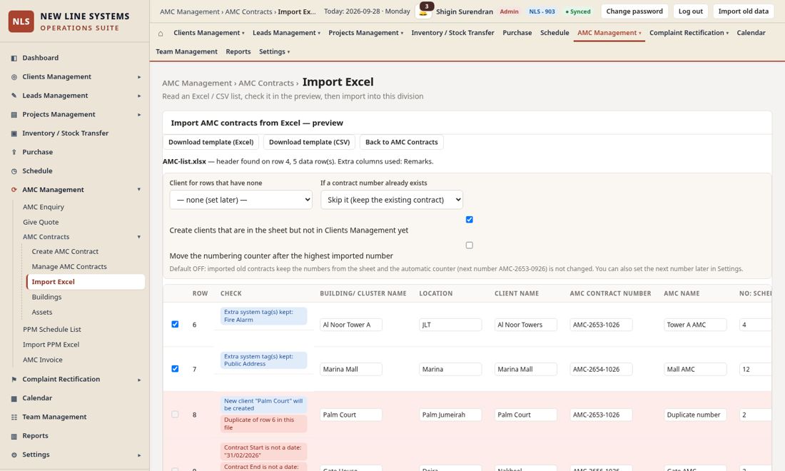 The import preview with the checks (flags) and editable cells.