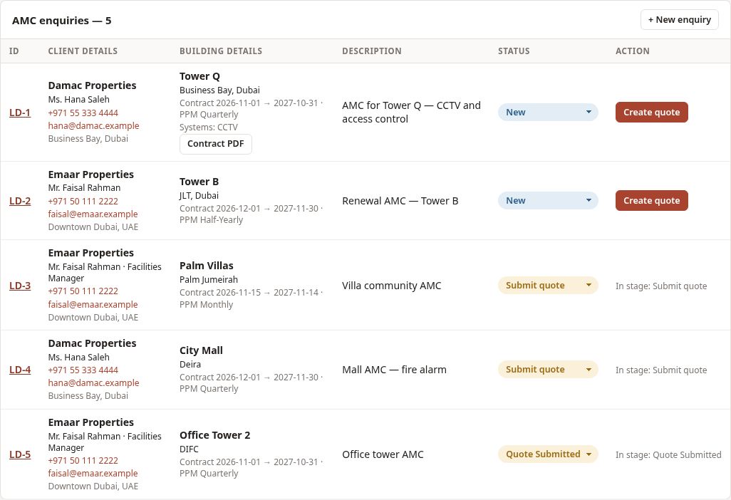 AMC Enquiry: client details and building details, one Action: Create quote.