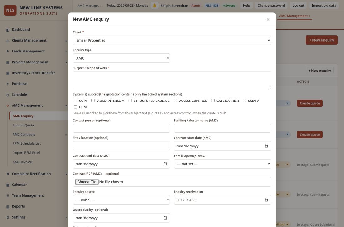 New AMC enquiry: the contract start and end date, the PPM frequency drop-down and the contract PDF appear when the type is AMC.