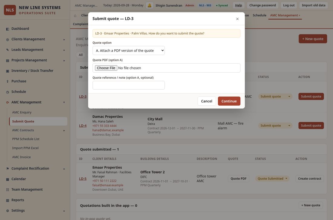 The Submit quote button asks for a PDF version of the quote or the in-app quotation format.